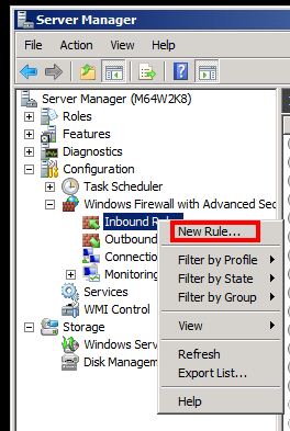 In Server Manager, select "Inbound Rules" as below picture and right click to select "New Rule..."