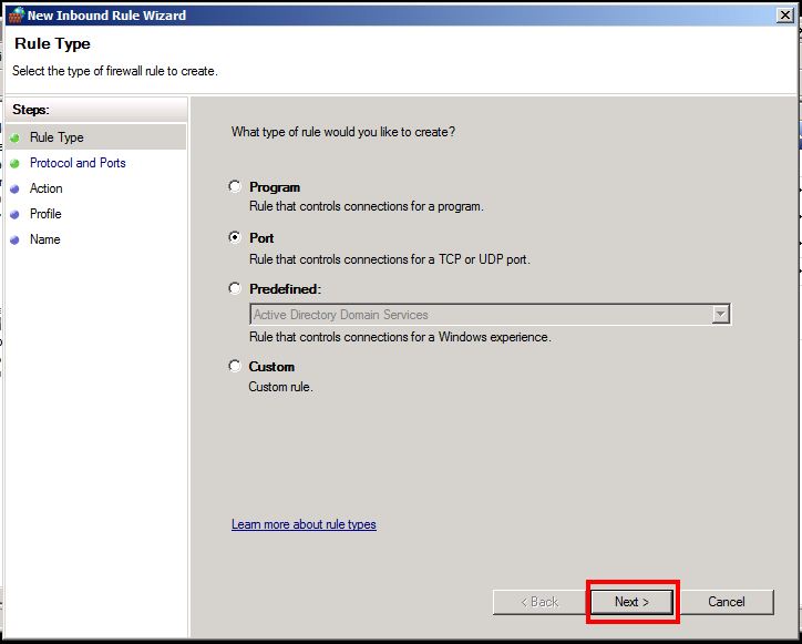 New Inbound Rule Wizard is shown as below, choose Port and click Next.