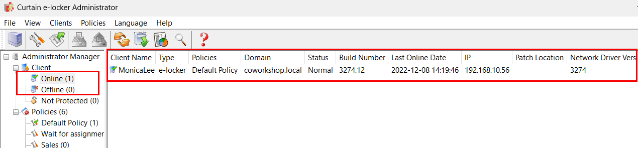 e-locker data loss prevention(DLP) - check status of Clients (e.g.version or last online time)