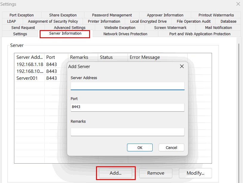 e-locker data loss prevention(DLP) - Server Information tab